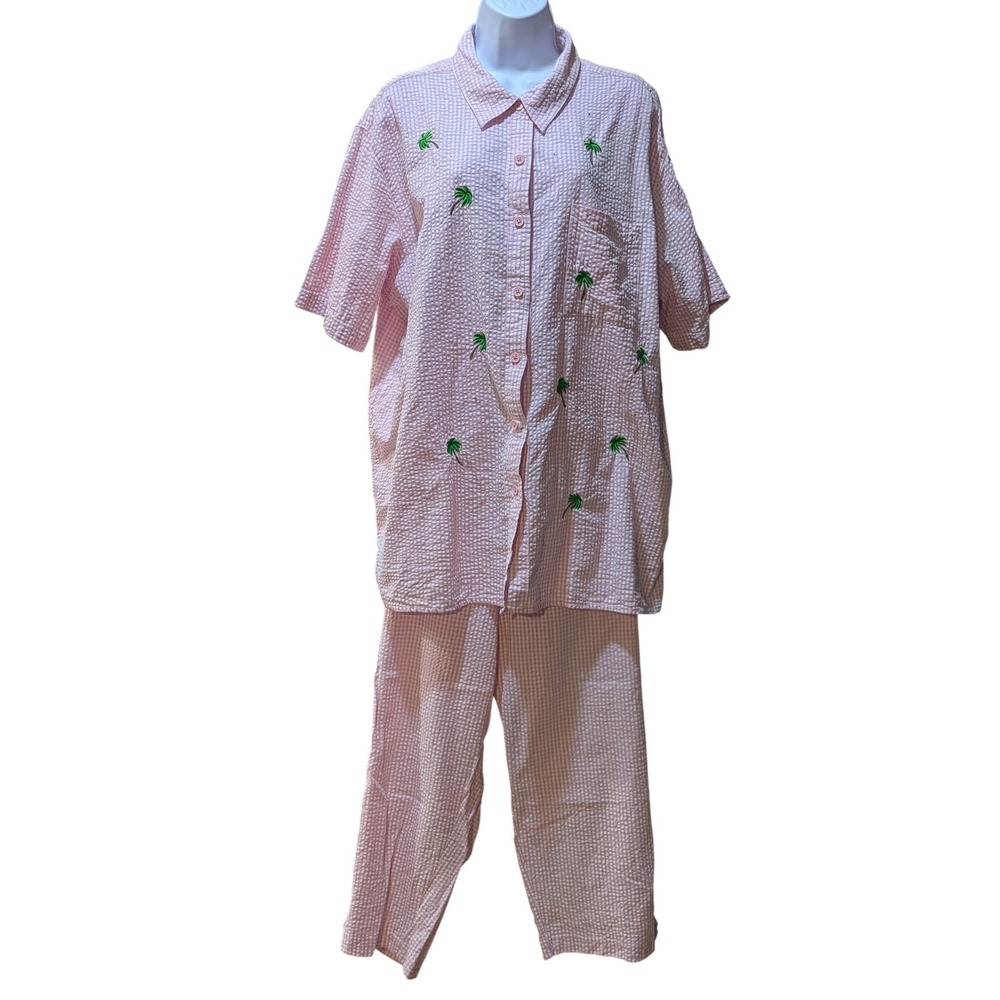 Quacker Factory Pink Gingham Seersucker Palm Tree Pajama Set Top 2X Bottom 3X